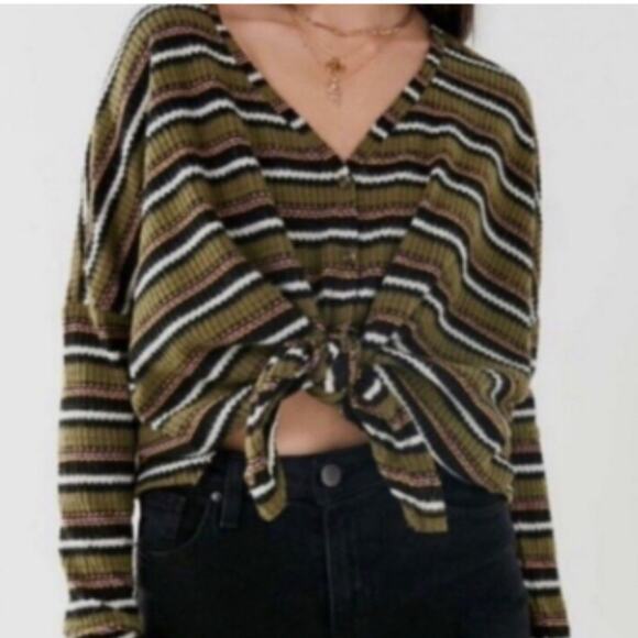 Out From Under Urban Outfitters Size M Jojo Green Striped Top Casual Tie Front - Picture 1 of 12
